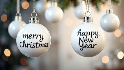 White Christmas baubles on white background with bokeh.