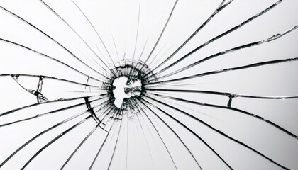 Hole in broken glass with cracks spreading outwards on a white backdrop, symbolizing fragility, destruction, and damage