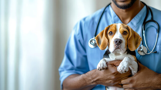 African american veterinarian doctor with stethoscope dressed in medical clothes is holding in his arms a cute english beagle puppy which is looking at the camera. Cropped image. Health care for dogs.
