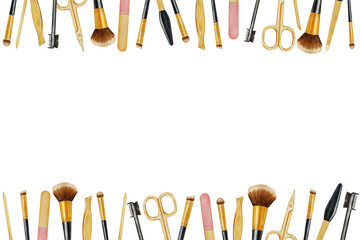 Watercolor frame of makeup brushes and manicure accessories. Hand drawn  illustration. For your design, backgrounds