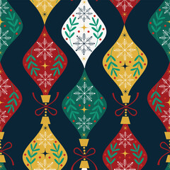Seamless pattern with vintage style Christmas ornaments. Old fashioned Christmas toys. Hand drawn vector illustration