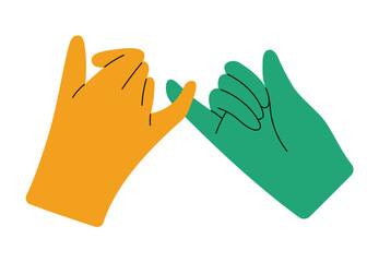 Diverse hands holding with pinky finger making a promise. Hand drawn isolated vector illustration