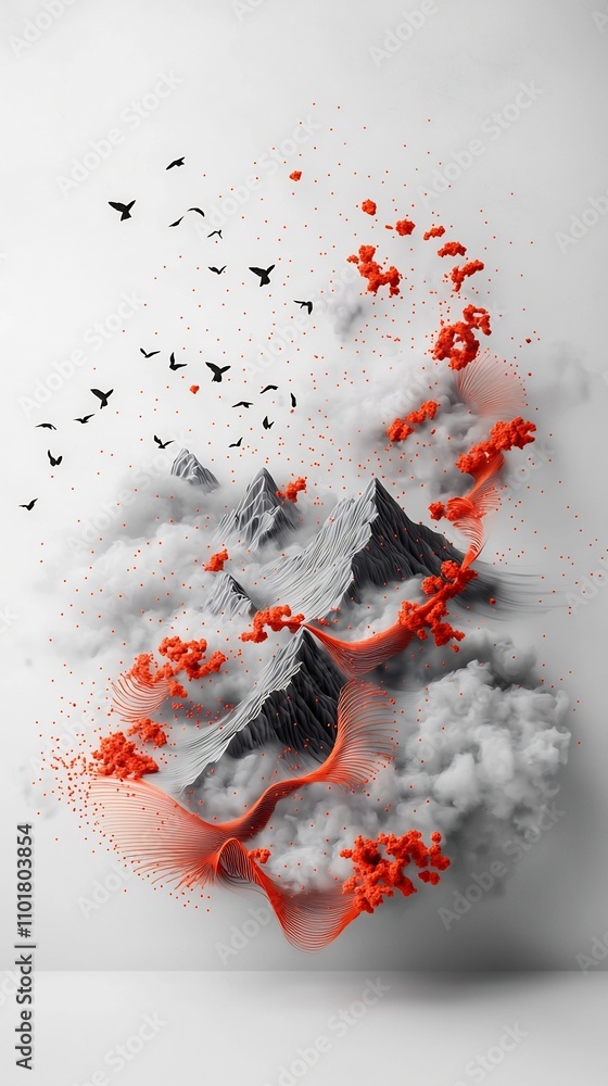 Poster captivating digital abstract landscape featuring a visually striking wave like formation of red dots