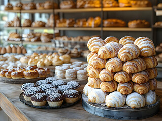 Freshly baked croissants and pastries displayed on wooden counter in bakery.