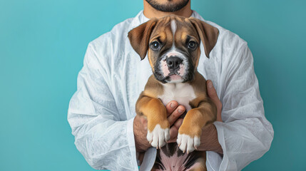 Cropped image of veterinarian doctor dressed in white medical clothes is holding in his arms a cute german boxer puppy on blue background. Animal clinic. Health care for dogs. Minimalistic background.