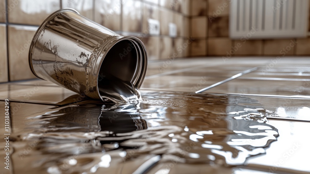 Poster a spilled paint can on a tiled floor creating a reflective puddle.