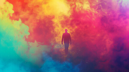 Fototapeta premium Abstract happy Holi colorful background with a silhouette of a man in colored