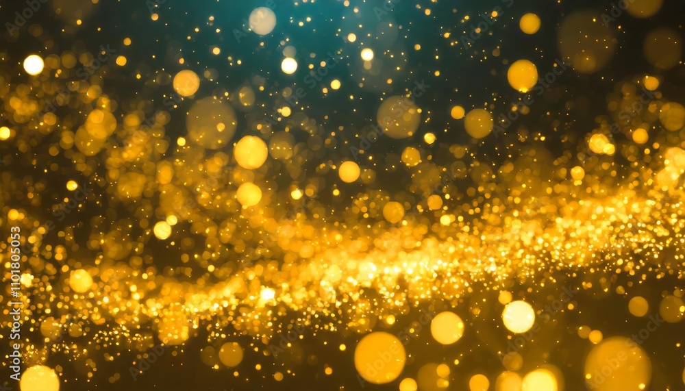Poster abstract yellow glowing particle background with soft bokeh light effects, sparkling highlights, and