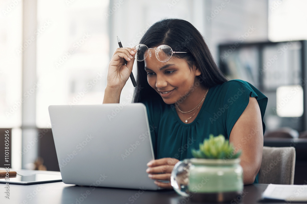 Poster Laptop, smile and web design with business woman at desk in office for programming or research. Computer, glasses and information with happy developer person reading coding language in workplace