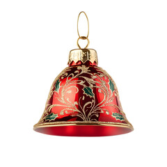 A decorative red bell ornament with gold detailing, designed for festive celebrations.