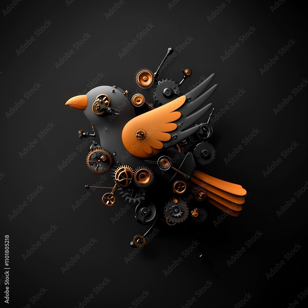 Poster intricate mechanical bird gleaming brass gears and clockwork mechanisms forming a whimsical fantasy 