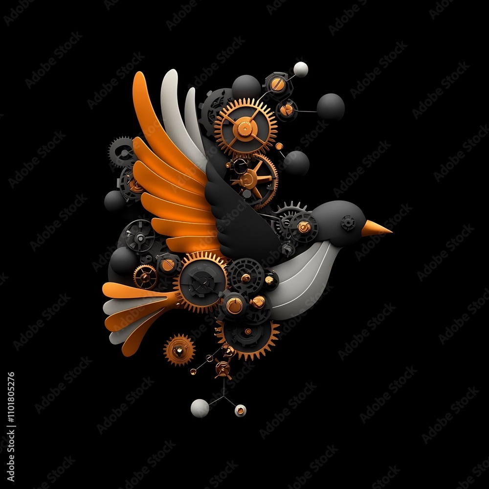 Poster intricate mechanical bird a whimsical fantasy creature composed of gleaming brass gears clockwork me