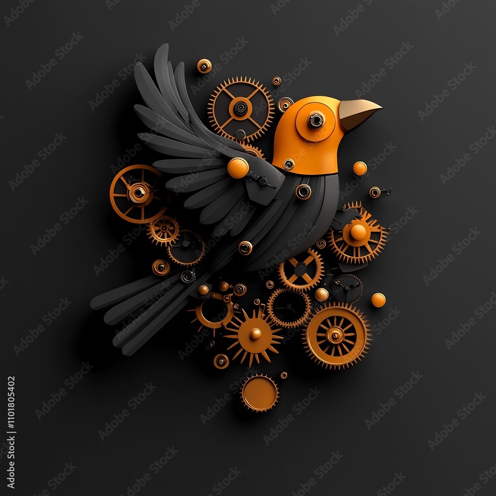 Poster intricate mechanical bird with gleaming brass gears and clockwork mechanisms showcasing a whimsical 