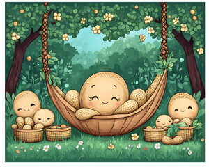 Happy peanuts relaxing in hammock & baskets in a garden.