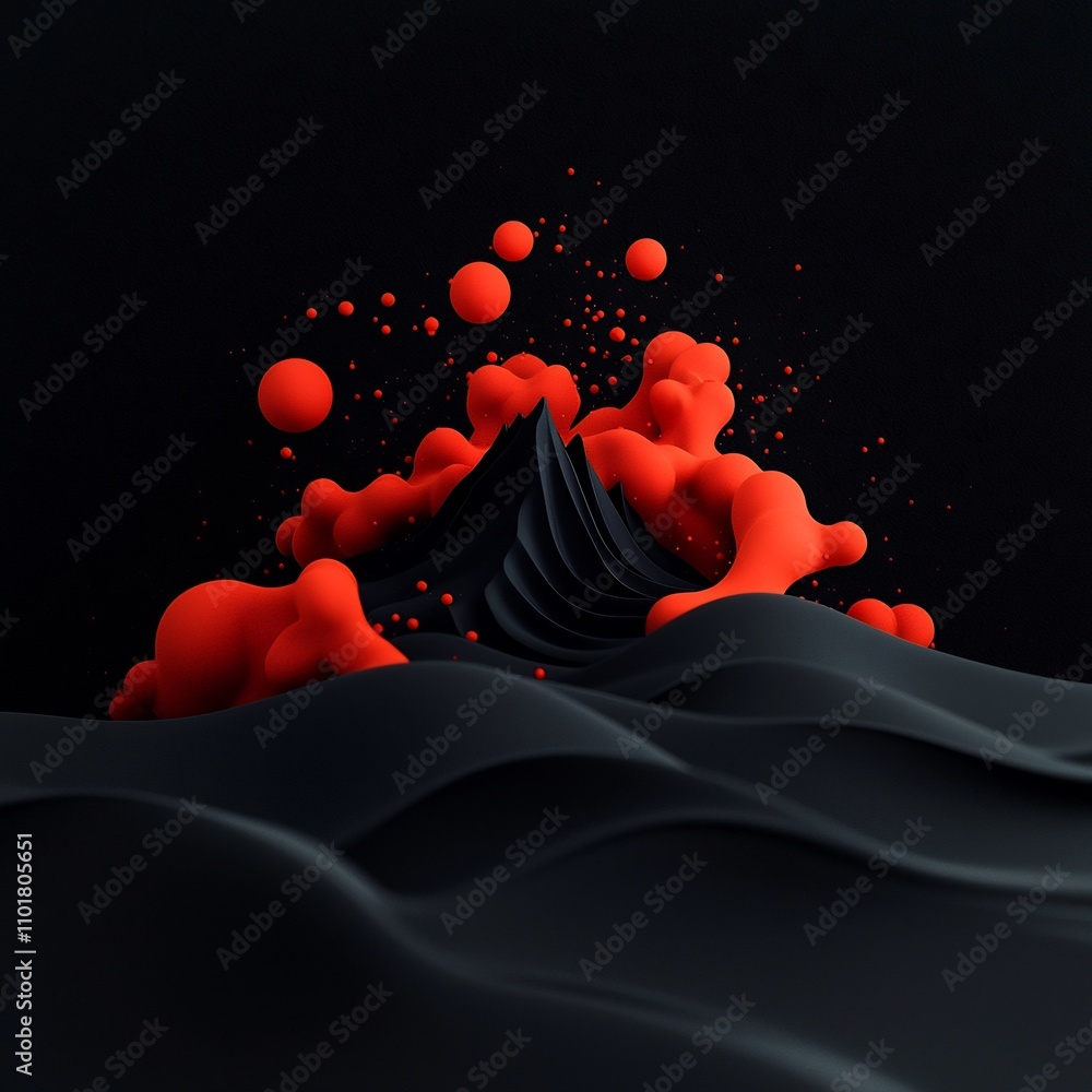 Poster brooding black canvas with swirling red shapes and particles forming a hypnotic mountainous illusion