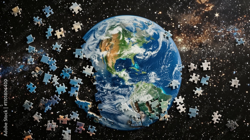 Poster the earth is depicted with puzzle pieces floating around it against a backdrop of the cosmos, symbol