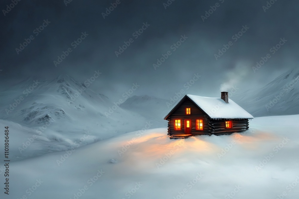 Aufkleber cozy mountain cabin nestled in the snowy wilderness with warm firelight glowing through the windows 