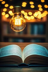 An open book sitting next to a light bulb, great for illustrating knowledge or inspiration