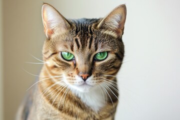 A close-up shot of a cat's face showing its bright green eyes