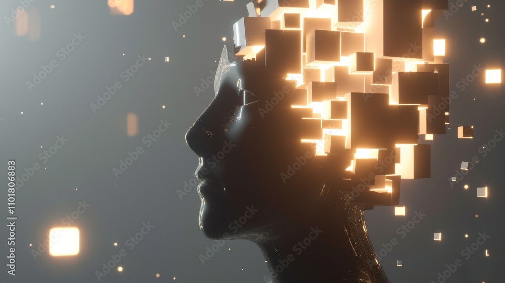 Poster a stylized 3d render of a head with glowing geometric cubes emerging from it. the sci-fi aesthetic, 