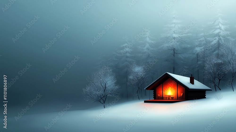 Aufkleber cozy cabin nestled in the snowy woods warm firelight glowing through the windows creating a serene a