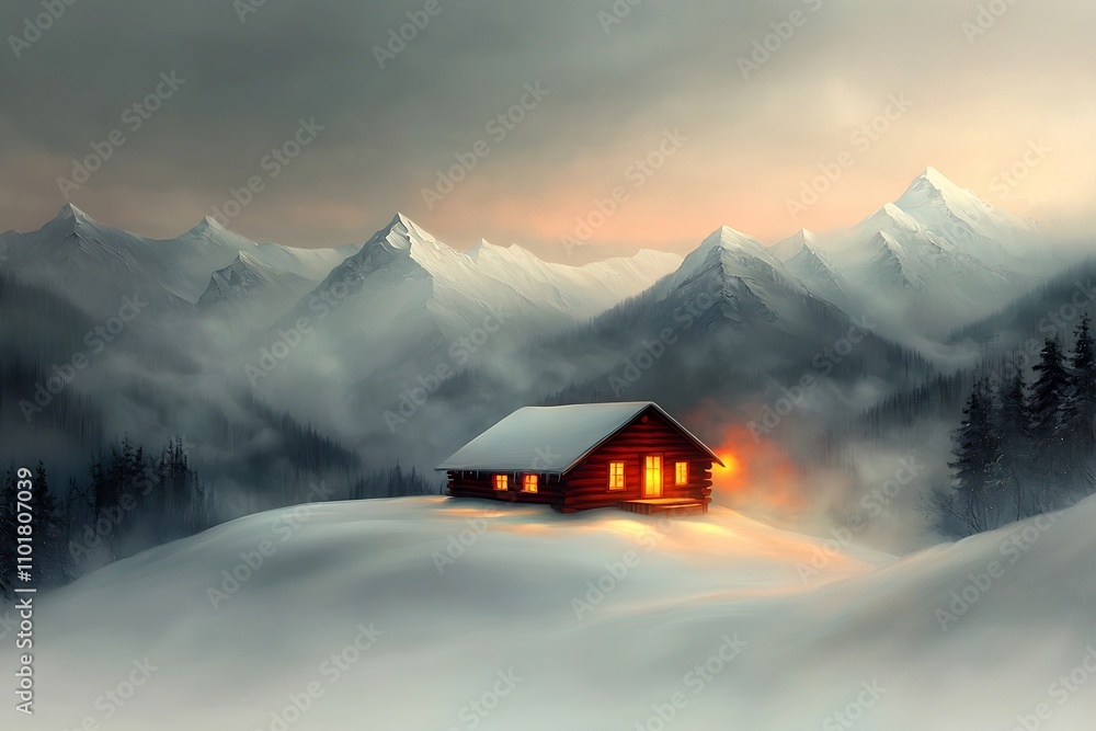 Poster cozy log cabin nestled in snowy mountains warm firelight glowing through the windows creating an atm