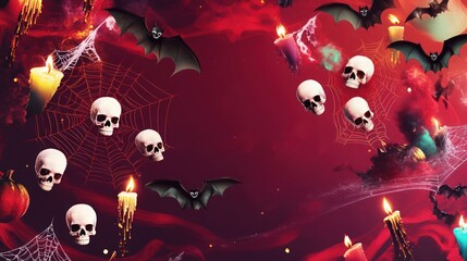 A spooky yet enchanting Halloween background with bats, cobwebs, and glowing skulls all arranged in a spiral, magical motion against a rich crimson backdrop. 