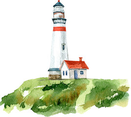 Hand drawn watercolor illustration of a lighthouse