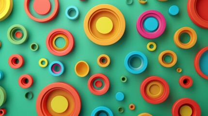 Naklejka premium Circular rings in bright, contrasting colors are arranged on a vibrant green background. This abstract visual features a playful, dynamic composition, making it ideal for design, decor, and artistic