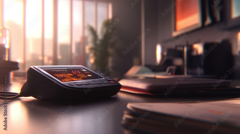 Poster a close-up of a modern desk phone in an office setting with soft lighting and paperwork.