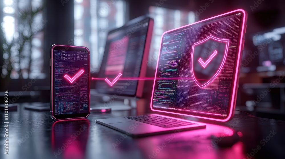 Poster a glowing shield icon connects a smartphone and computer, symbolizing digital security and data prot