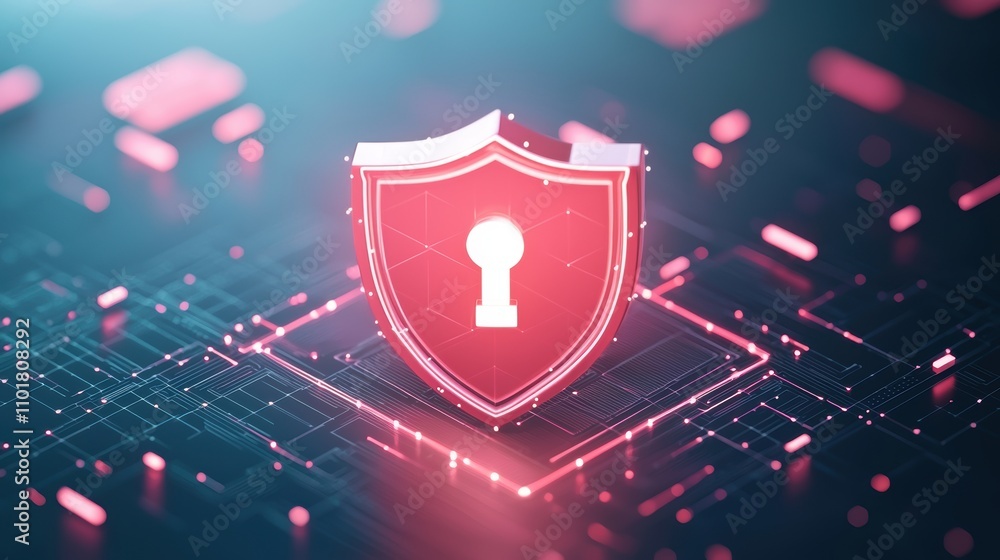 Poster a digital shield icon with a keyhole, symbolizing cybersecurity and data protection, set against a f