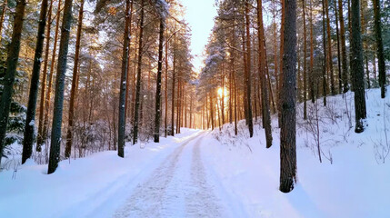 Fototapeta premium serene winter forest path surrounded by tall pine trees, illuminated by soft sunlight filtering through branches. snow covered ground adds to tranquil atmosphere