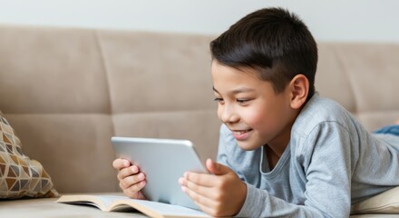 Smiling young Asian boy using tablet while lying on couch at home