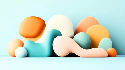 Fototapeta premium Abstract composition with smooth, colorful shapes in pastel tones on a light blue background, featuring curved and rounded forms resembling fluid sculptures or organic elements.