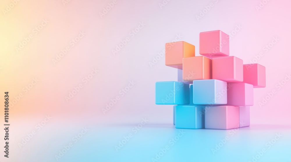 Poster a colorful arrangement of pastel blocks on a smooth surface, creating a modern, playful aesthetic wi