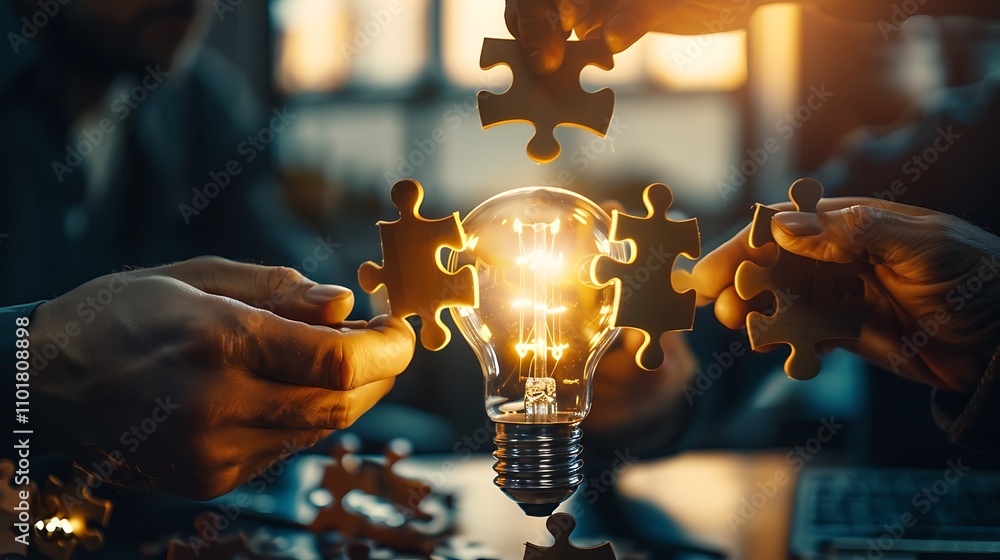 Aufkleber hands assembling puzzle pieces around a glowing light bulb, symbolizing creativity and problem-solvi