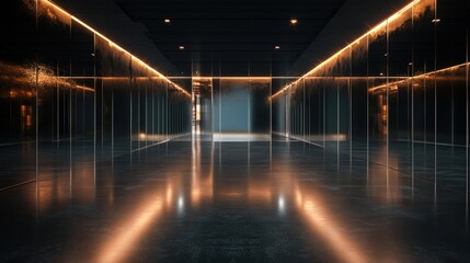 A sleek, modern hallway features reflective walls and ambient lighting, perfect for showcasing contemporary architecture or interior design concepts, as well as luxury settings in marketing materials