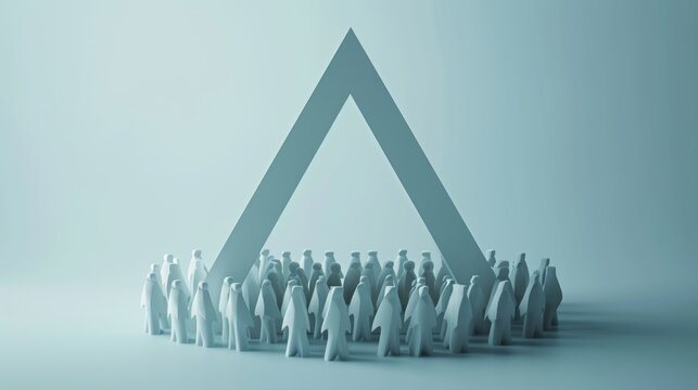 A monochromatic scene depicting numerous abstract figures surrounding a large triangular structure. The muted, minimal color palette enhances the sense of unity and focus, suitable for themes like