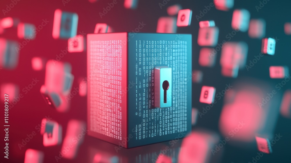 Poster a digital lock surrounded by binary code, symbolizing cybersecurity and data protection in a vibrant