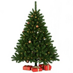 Ein wundersch&ouml;n dekorierter Weihnachtsbaum, isoliert auf einem wei&szlig;en Hintergrund. Der Baum ist mit festlichen roten und goldenen Ornamenten sowie strahlenden Lichtern geschm&uuml;ckt, die eine klassische 