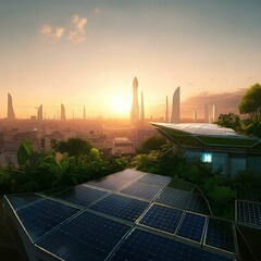 Eine futuristische Aussicht auf ein Dach mit Solarpanelen, die in einem modernen, nachhaltigen Geb&auml;ude integriert sind. Im Hintergrund ist ein wundersch&ouml;ner Sonnenuntergang zu sehen, der warme orange-