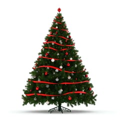 Ein wundersch&ouml;n dekorierter Weihnachtsbaum, isoliert auf einem wei&szlig;en Hintergrund. Der Baum ist mit festlichen roten und goldenen Ornamenten sowie strahlenden Lichtern geschm&uuml;ckt, die eine klassische 