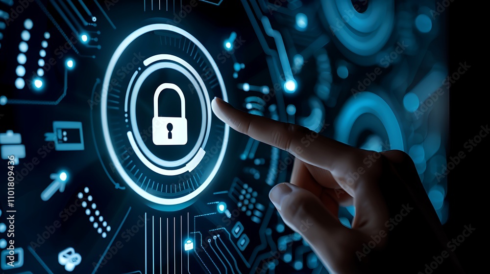 Poster a hand reaching towards a digital lock icon on a futuristic interface, symbolizing cybersecurity and