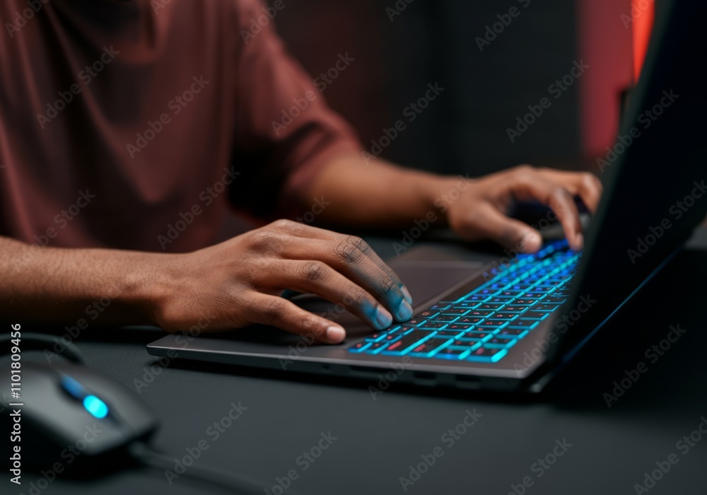 Poster young man typing on illuminated keyboard in dim environment