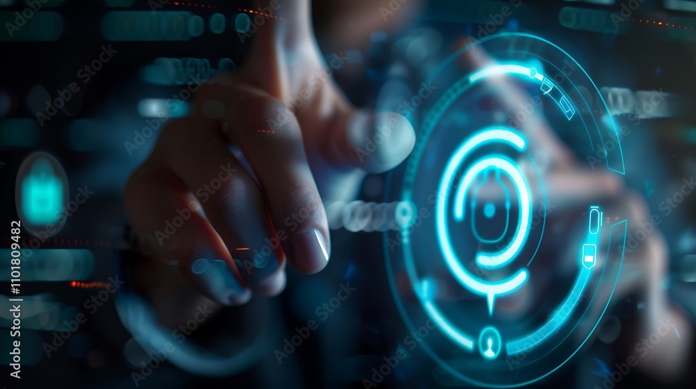 Poster a close-up of a hand interacting with a futuristic digital interface displaying glowing icons and da