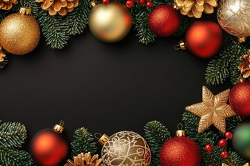 A festive Christmas wreath adorned with ornaments against a dark background