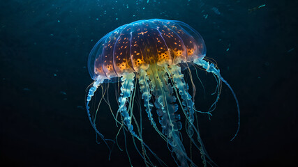A terrifying leopard-jellyfish hybrid floating through a dark, underwater trench. Its spotted feline body glows faintly, and its elongated jellyfish-like tentacles trail behind, electrifying 