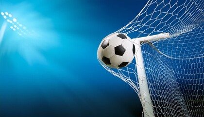 青い背景にゴールネットとサッカーボールのシンプルな配置
