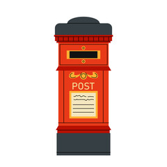 Postbox. Vintage red coloured metal box for letters and postcards. Flat vector illustration on white background.